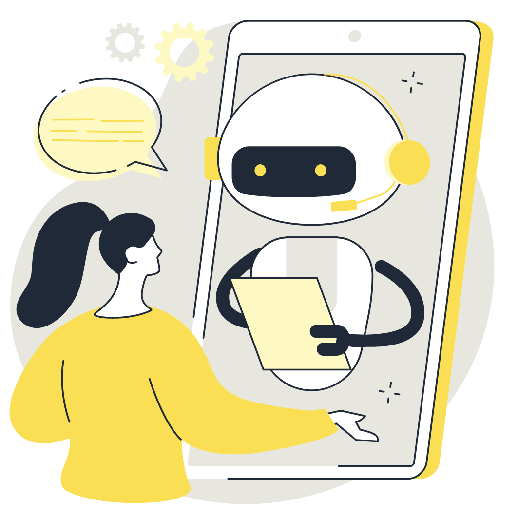 Ilustración de una mujer interactuando con un chatbot en una pantalla de dispositivo móvil, simbolizando la automatización de consultas para mejorar la experiencia de los huéspedes.